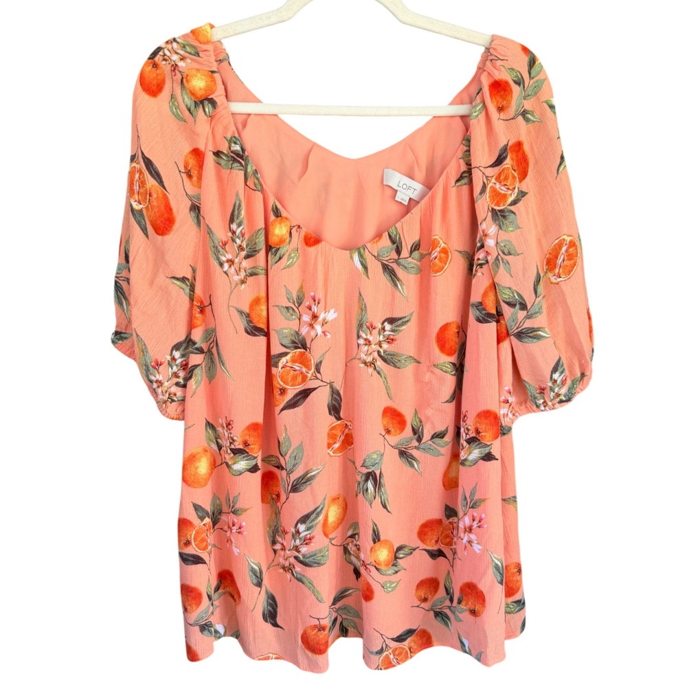 C3‎ LOFT Orange Citrus Fruit Print V-Neck Puff Sleeve Blouse Peach Large